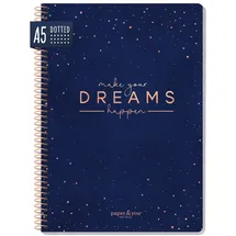 Häfft paper&you® dotted A5 mit Spiralbindung "Make your dreams happen" 160 Seiten, Notizbuch gepunktet mit Spirale, College-Block, Spiral-Block, Notizblock - nachhaltig & klimafreundlich