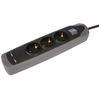 Electraline 62150 Gummy-Line Steckdosenleiste 3-Fach mit Schalter + 2 USB 2.1A, Kabel 2m / Mehrfachsteckdose/Tischsteckdose Steckerleiste, Extra Flacher Stecker, grau