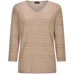 Rundhalspullover GOLDNER "Sommerpullover mit V-Ausschnitt", Damen, Gr. 52, beige, Obermaterial: 80% Baumwolle CO. 20% Polyamid PA., gerade, Pullover Rundhalspullover, angenehmer Tragekomfort