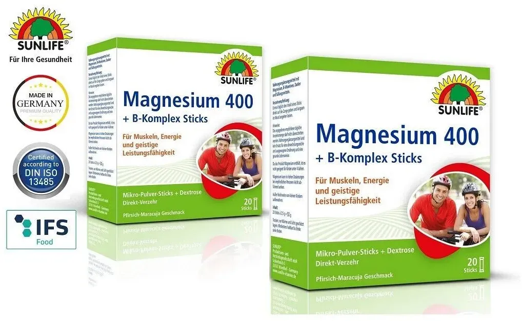 SUNLIFE Magnesium 400 + B-Komplex 20 Sticks à 2,5g für Muskeln, Nerven 2er Pack