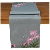 heimtexland Läufer Tischdecke Leinen-Optik Bestickt Deko Esszimmer Serie Margariten Blumen Tischwäsche grau Stickerei Schmetterling Tischband Frühling Typ886 Tischläufer 40x140 cm rosa