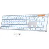 OMOTON Bluetooth Tastatur, 2,4G Kabellose Tastatur Beleuchtet Wiederaufladbare, Metallgehäuse, Multi-Device, Funktastatur Leise Ergonomische Deutsches QWERTZ Layout für Windows/macOS/PC, Silber