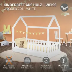 Kinderbett Kiefernholz Rausfallschutz  Bett Kinderaus Holzbett 70x140 cm Weiß