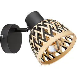 Wandlampe Bohostil Wohnzimmerlampe braun Wandstrahler Bambus, Wandleuchte Schirm Geflochten Spot verstellbar, Metall schwarz, 1x E27, DxH 13x14 cm