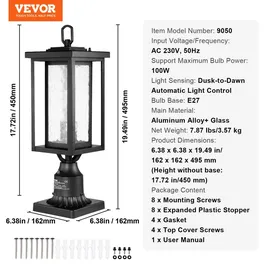 Vevor 2er-Pack Dämmerungs- bis Morgengrauen-Außenpfostenleuchten, 450 mm, wasserdichte Laternenpfostenleuchten mit 3,5-Zoll-Glasschirm auf der Säulenmontage, blitzgeschützte Außenmastsäulenleuchte
