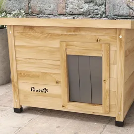 PawHut Katzenhaus aus Holz, Katzenhütte Outdoor, Katzenhöhle mit Türvorhang Gelb