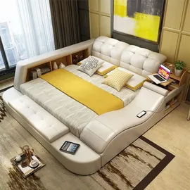 aea Luxus Funktions Bett mit Tresor Laptop Ablage Doppel Ehe Betten xxl Hotel Leder - Beige