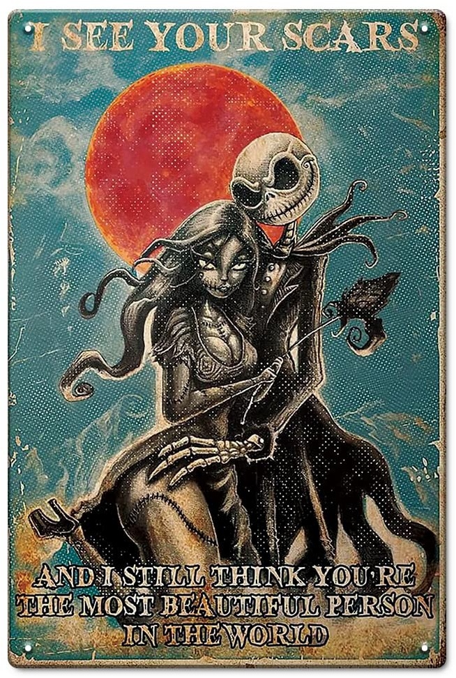 Nightmare Before Christmas Decor, Jack Skellington and Sally Metallschild - I See Your Scars and I Still Think You're The Most Beautiful Person in The World - 30 x 20 cm