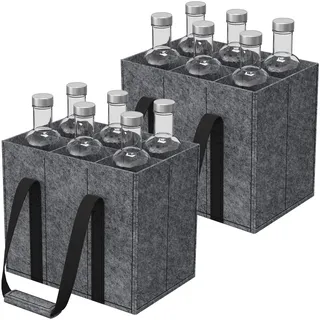 Lifewit Flaschentasche, Stabil Filz Flaschenträger mit Griff, Faltbare Flaschenkorb Wohnmobil für Wein, Getränke, Weinflaschen, Bottle, Grau, Für 6 Flaschen, 2 Stück