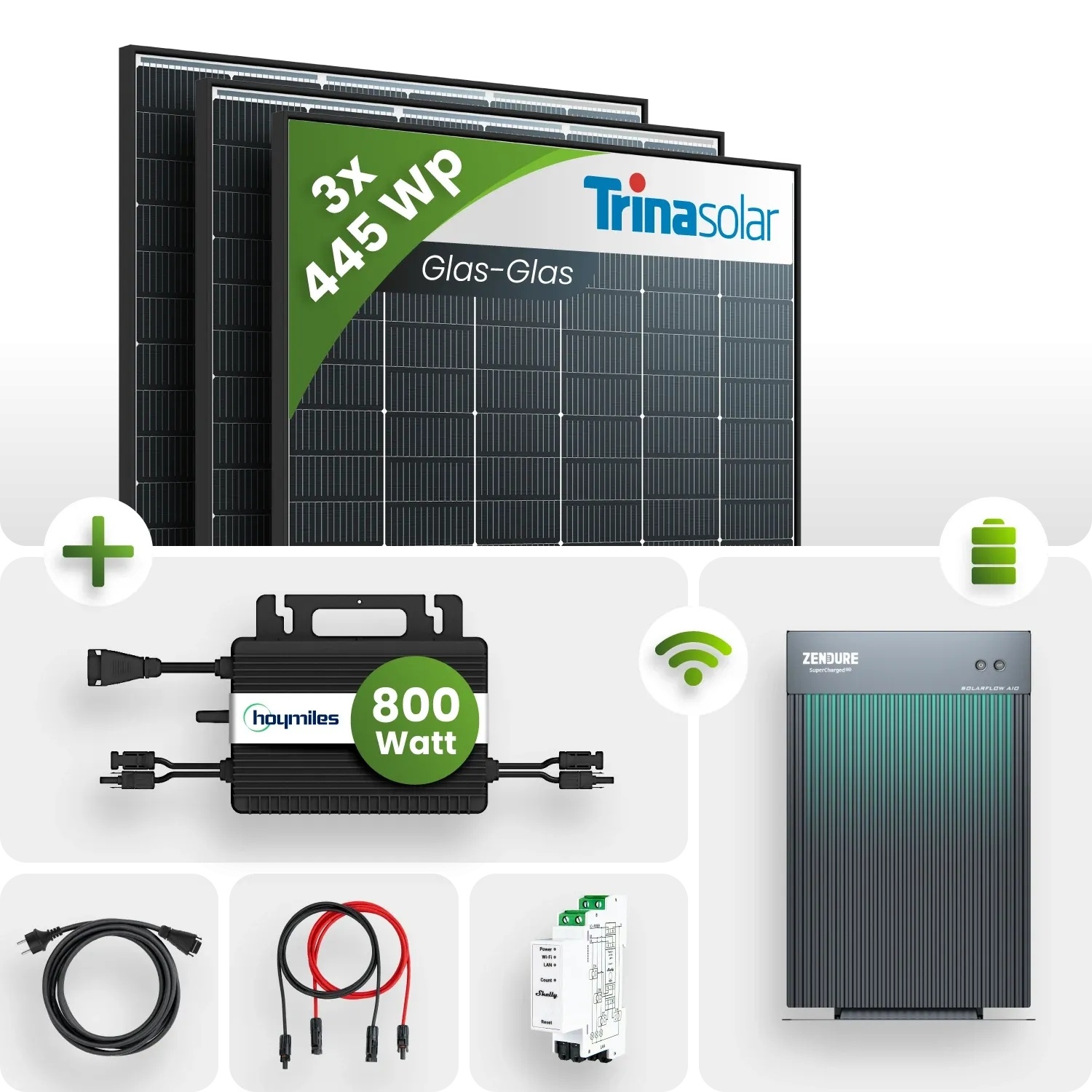 Balkonkraftwerk Set Hoymiles HMS-800W-2T Mikrowechselrichter mit eingebautem WLAN-Modul Zendure Speicher AIO Trina Solar 1335Wp Black Frame - 0%