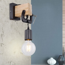 ETC Shop Wandleuchte hängend Wandlampe aus Holz mit Schraubzwinge schwarz, 1x E27, Textilkabel schwarz, 14x28x15cm, Flur Schlafzimmer Treppenhaus Wohnzimmer