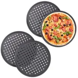 Relaxdays 4 x Pizzablech, rund, gelocht, antihaft, Pizza - Flammkuchen, Carbonstahl, Knusperblech, ∅ 32 cm, Pizzabackblech, grau