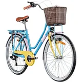 Galano 26 Zoll Cityrad Belgravia 6 Gang Damenfahrrad Mädchenrad Citybike mit Korb (hellblau/gelb, 46 cm