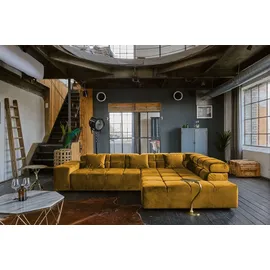 KAWOLA Sofa NEVADA Ecksofa Velvet curry Recamiere rechts mit motorischem Sitzvorzug