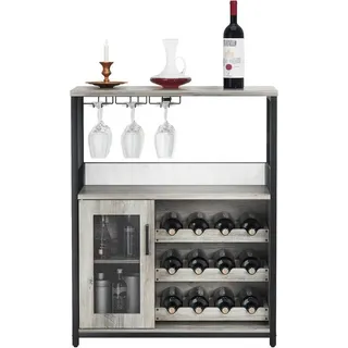 GarveeMore Weinschrank,Barschrank mit Glashalter und Netztür,industrielles Sideboard Weinlagerschrank mit abnehmbarem Weinregal und Stauraum,69x35x92cm grau