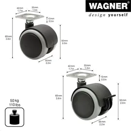 Wagner System Möbelrollen / Doppelrollen 4tlg. Set - SOFT - Ø 50mm, Tragkraft 50 kg