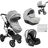 KIKKABOO Kombikinderwagen Irene 3 in 1 Babywanne Autositz Adapter Wickeltasche grau hellgrau