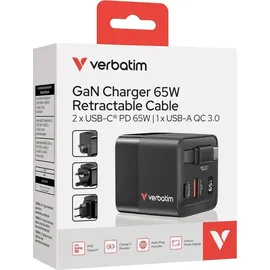 Verbatim Gan Charger 65W 2xUSB-C PD,1xUSB-A, retrac. Cable 32217
