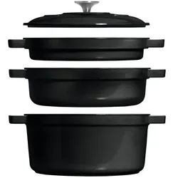 CHEF CUISINE 4489 gusseisernes Kochtopf- und Pfannen-Set, 3-teilig mit Deckel, ofenfest