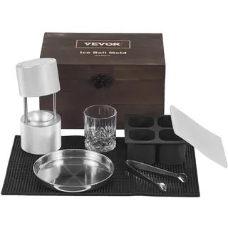 Vevor Eiswürfelbereiter Eiswürfelformen Satz 60 mm, Eiswürfelform Eiskugelform mit Tropfschale & Eiszange & Glas, Strapazierfähige Eiswürfelbehälter Silber Whisky, Americano