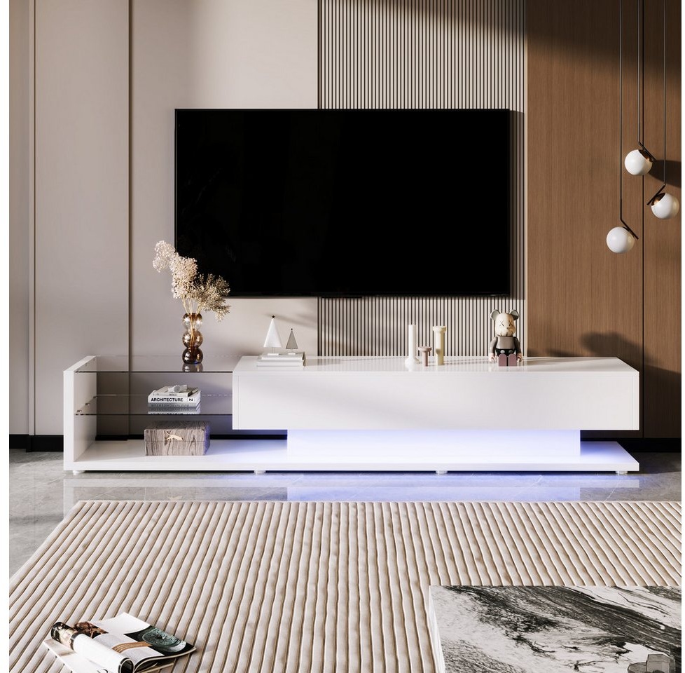 autolock TV-Schrank Lowboard Hochglanz-TV-Schranktisch TV-Tisch mit LED-Beleuchtung Glastrennwände variable Laterne natürlichen mit modernem Design weiß