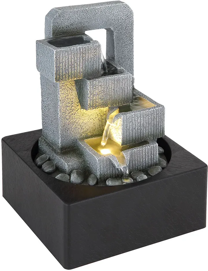 LED Tischbrunnen grau Zierbrunnen Kaskade Wasserspiel mit Pumpe Zimmerbrunnen Wasserspiel, Kunststoff anthrazit, 1,5m Kabel Pumpe, 1x LED 3000K, LxBxH 18x18x24 cm