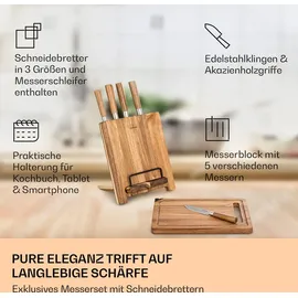 Klarstein Küchenmesser Set mit Messerblock Selbstschärfend, Messerset mit Akazienholz-Messerblock, 5 Scharfe Messer, Kratzfeste Edelstahl-Messer