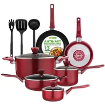 NutriChef Pfannenset & Topfset 13-teilig – Antihaft Kochtopf Set mit durchsichtigen Deckeln – Set für Gas-, Elektro- & Keramikherd – Aluminium Pfannen Set in Rot – für Professionelle & Hobby Köche