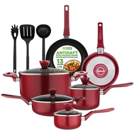 NutriChef Pfannenset & Topfset 13-teilig – Antihaft Kochtopf Set mit durchsichtigen Deckeln – Set für Gas-, Elektro- & Keramikherd – Aluminium Pfannen Set in Rot – für Professionelle & Hobby Köche