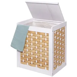 MCW Wäschekorb MCW-G37, Wäschesammler Wäschesortierer Wäschebox, Massiv-Holz Shabby-Look Geflecht 61x51x35cm ~ weiß
