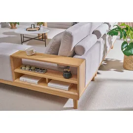 miliboo Ecksofa rechts 5-Sitzer mit Stauraum beiger Stoff mit strukturiertem Samteffekt und helles Holz KOMAO