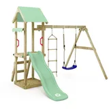 Wickey Spielturm Klettergerüst TinyCabin mit Schaukel & Rutsche, Kletterturm mit Sandkasten, Leiter & Spiel-Zubehör – Pastellgrün