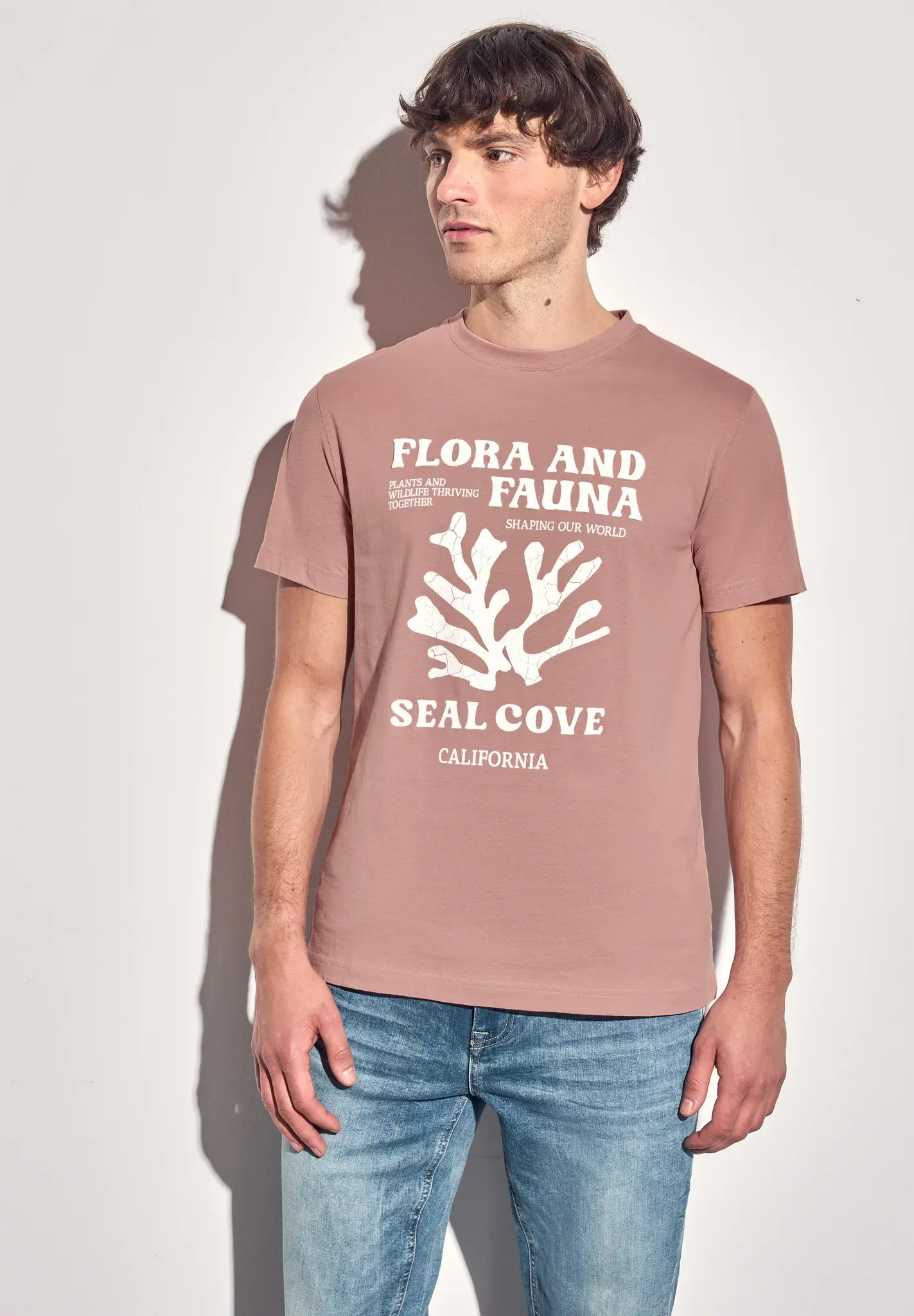 T-Shirt STREET ONE MEN, Herren, Gr. L (42), orange (pastel peach), Web, 100% Baumwolle, bedruckt, normal normal, Rundhals, Bündchen, Shirts T-Shirt, mit Rundhalsausschnitt