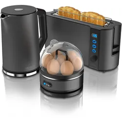 Arendo - Wasserkocher mit Toaster und Eierkocher SET Edelstahl Grau Wasserkocher 1,5L 40° - 100°C, Toaster 2 Scheiben LED-Display 6 Bräunungsgrade