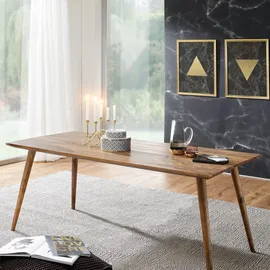 KADIMA DESIGN Massivholz Esstisch "SAVIO": Retro Landhausstil, handgefertigt, Sheesham-Holz, Braun mit Maserungen.