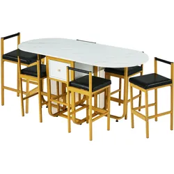 Merax Essgruppe, (Set mit Esstisch, 6 Stühlen), Klappbarer Esstisch, Erweiterbarer Esstisch, Multifunktionaler, Weiß und Gold