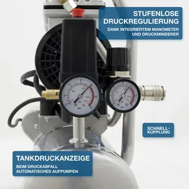 Hyundai Silent Kompressor SAC55751 SET (8 bar, 6L, tragbar, ÖLFREI, 59 dB, 550 W / 0.75 PS)