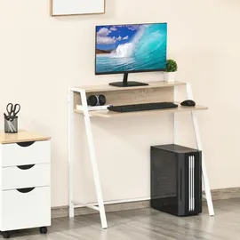 Homcom Schreibtisch mit Ablagefach Kabeldurchlass Metall Weiß Eiche 84 x 45 x 85 cm
