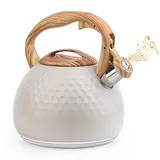 Sampoes Wasserkessel, 3L Moderne Wasserkessel Induktion, Pfeifkessel Edelstahl, Teekessel für alle Kochplatten, Flötenkessel mit Holzmasergriff, Wasserkocher für Tee Kaffee, Beige