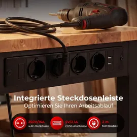 Fantask COSTWAY 122cm schwerlast Werkbank, höhenverstellbarer Arbeitstisch mit Metallrahmen, Lochwand, Steckdose & 2,5cm Massivholzplatte, Werktisch bis 9... - Schwarz/Naturbelassen