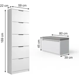 Vicco Luca 59 x 169 x 22 cm weiß / weiß matt mit Sitzbank, 5 Fächer, 5 Schubladen