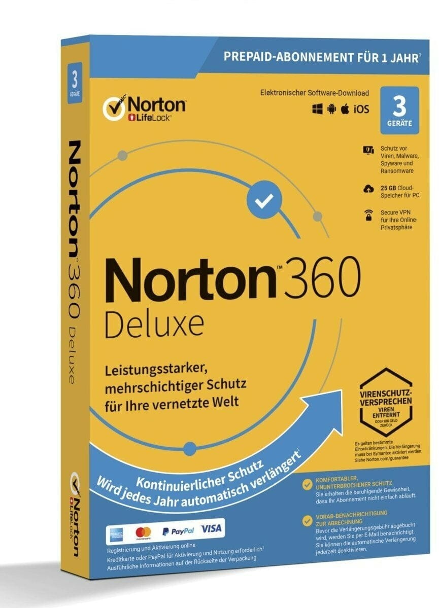Norton 360 Deluxe, 25 GB cloud, 3 apparaten, 12 MO jaarlijkse