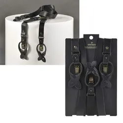 Sir Redman Hosenträger Leder 25mm Y-Form mit Clips und Lederlaschen für Knöpfe schwarz