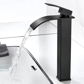 kisimixer Wasserfall Wasserhahn Bad Schwarz Matt, Hoch Wasserfall Waschtischarmatur Badezimmer, Waschbecken Wasserfall Armatur mit Auslauf Höhe 235mm Mischbatterie Waschbecken für 3/8'' Anschlüsse