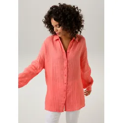 Hemdbluse ANISTON CASUAL, Damen, Gr. 48, rot (hummer), Crash, Obermaterial: 100% Baumwolle, unifarben, modisch, sehr weit Po-bedeckend, Langarm 1-Knopf-Manschette, Blusen, in trendiger Musselin-Qualität, Topseller