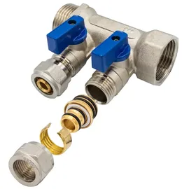 Belrad Verteiler mit 2 Abgängen Kugelhahn Blau Mf-1" 2 x 16