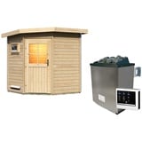 Woodfeeling Karibu Gartensauna Pultdach Saunahaus Pekka mit Eckeinstieg-9 kW Ofen inkl. Steuergerät-Klassische Saunatür (Klarglas) inkl. 8-teiligem gratis Zubehörpaket (Gesamtwert 191,92€)