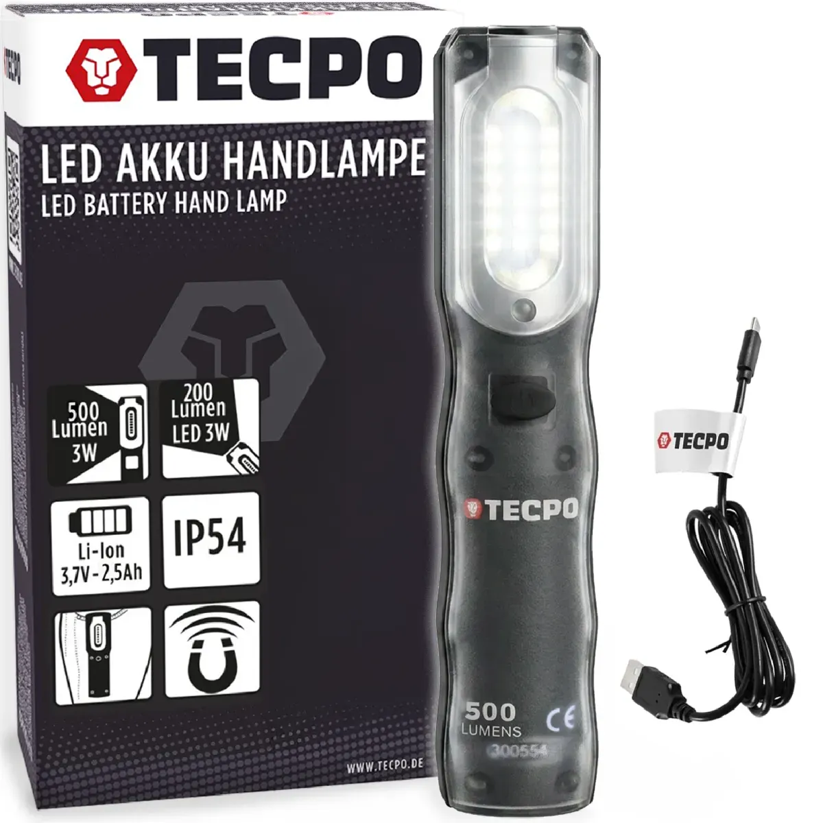 TECPO LED Akku Handlampe 500 Lumen + USB Kabel