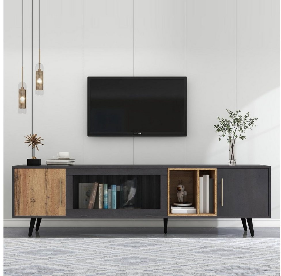 Merax Lowboard mit Klapptür aus Glas und abnehbarem Fach, TV-Schrank mit großen Stauraum, Breite 200cm schwarz