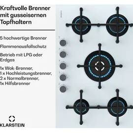 Klarstein Illuminosa 5 Gaskochfeld, 5 Sabaf-Brenner, 4 kW Wokbrenner, Gehärtetes Glas, Elektrische Zündung, Flammenausfallschutz, Topfhalter aus ... - Weiß